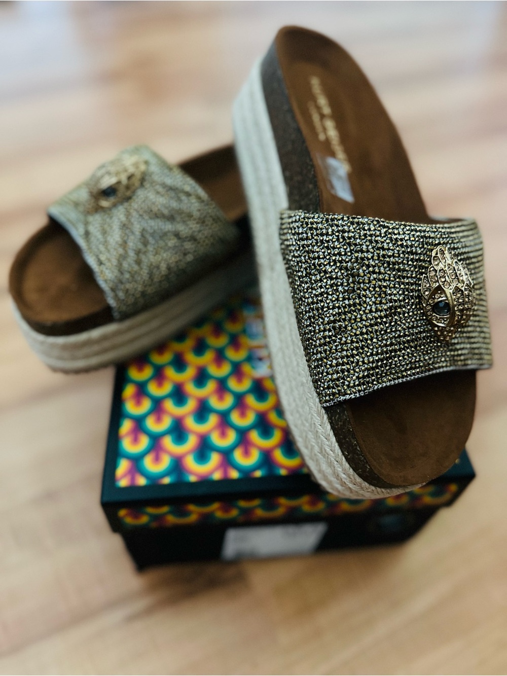 Kurt Geiger Gold Woven Platform Slide Sandals